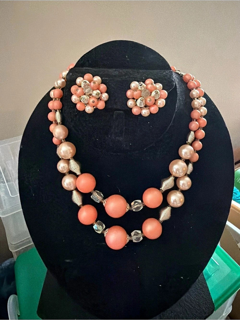 Vintage Beaded Necklace & Earrings in Shades of Orange. Marked Japan